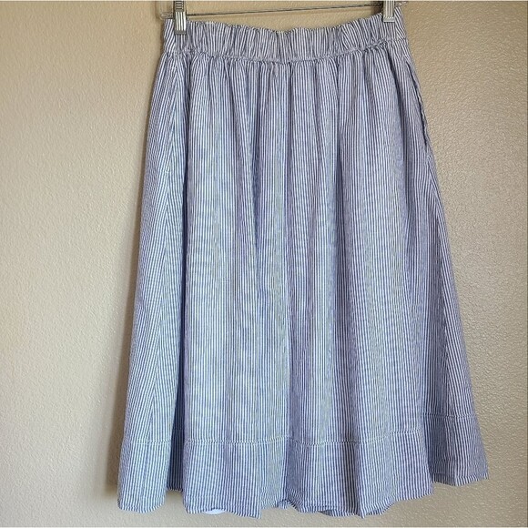 abercrombie & fitch full midi skirt striped cotton linen blend blue white size S - Picture 2 of 5
